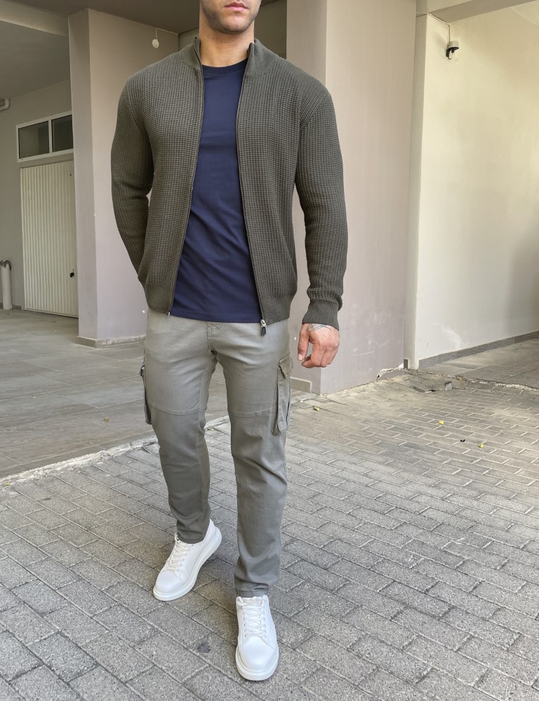 Ανδρική χακί πλεκτή ζακέτα με γιακά 24030X φωτογραφία